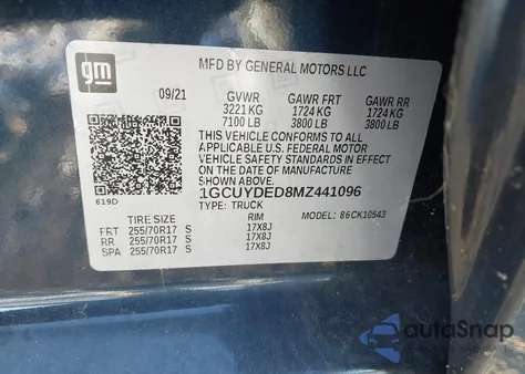 2021 Chevrolet Silverado 1500 4Wd Short Bed Lt from USA, damaged, VIN 1GCUYDED8MZ441096